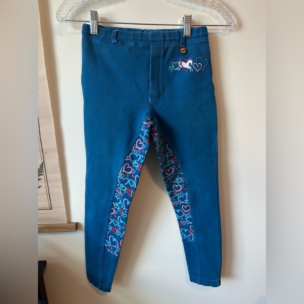 Girls Ovation Hearts Embroidered Full Seat Equestrian Riding Tights Blue Pink 14